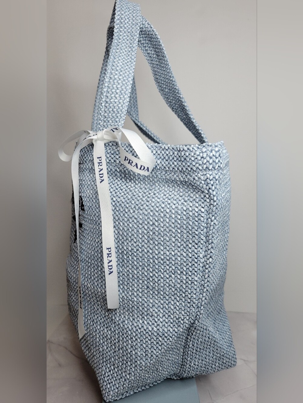 PRADA Lt. Blue 10"×11" Raffia Tote, New In Box GWP - Picture 2 of 5